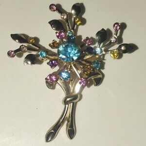 Vintage Coro Bouquet Brooch Multicolor Rhinestones Gold Tone Finish Stamped